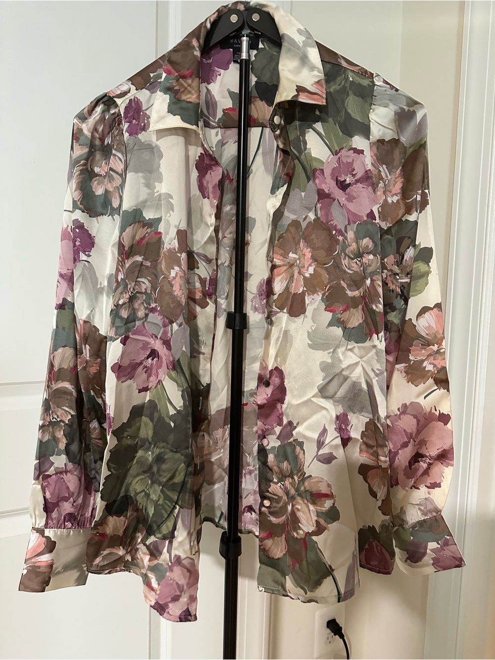Haver London Floral Satin Button-Up Blouse in Cream, Pink, and Green